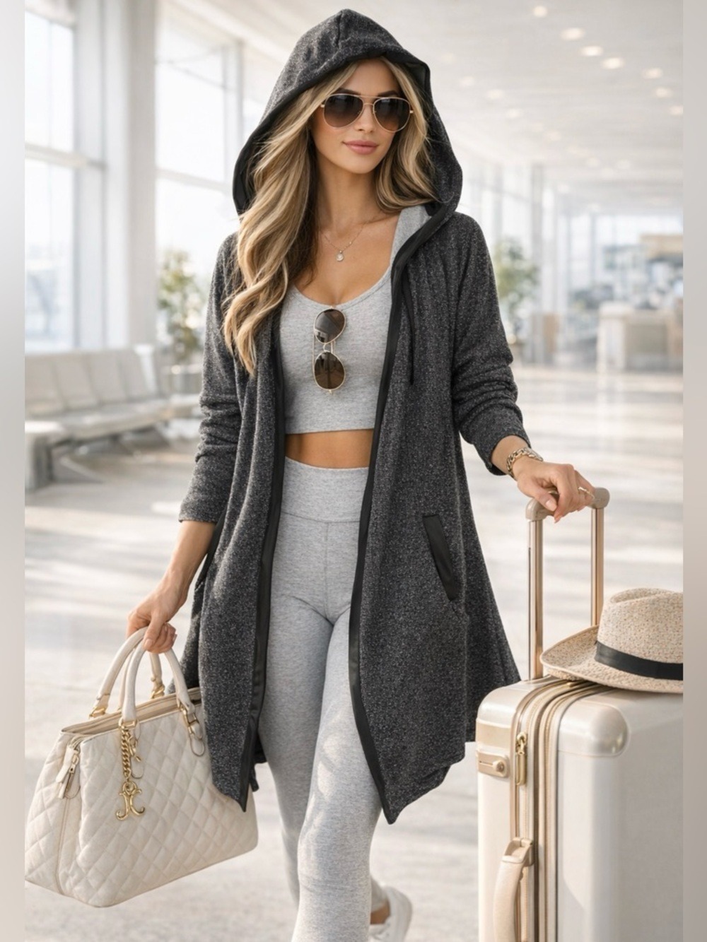 JUICY COUTURE BLACK METALLIC HOODED DRAPE OPEN FRONT CARDIGAN ATHLEISURE XL